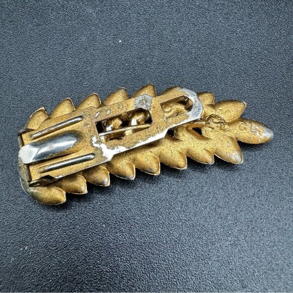 Vintage Signed Sapphire Blue Rhinestone and Gold Tone Leaf Dress Clip - Picture 6 of 11